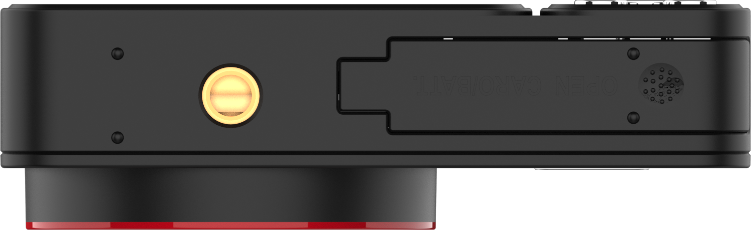 Vue latérale de l'appareil photo noir, avec fixation trépied et port USB. Anneau rouge autour de l'objectif.