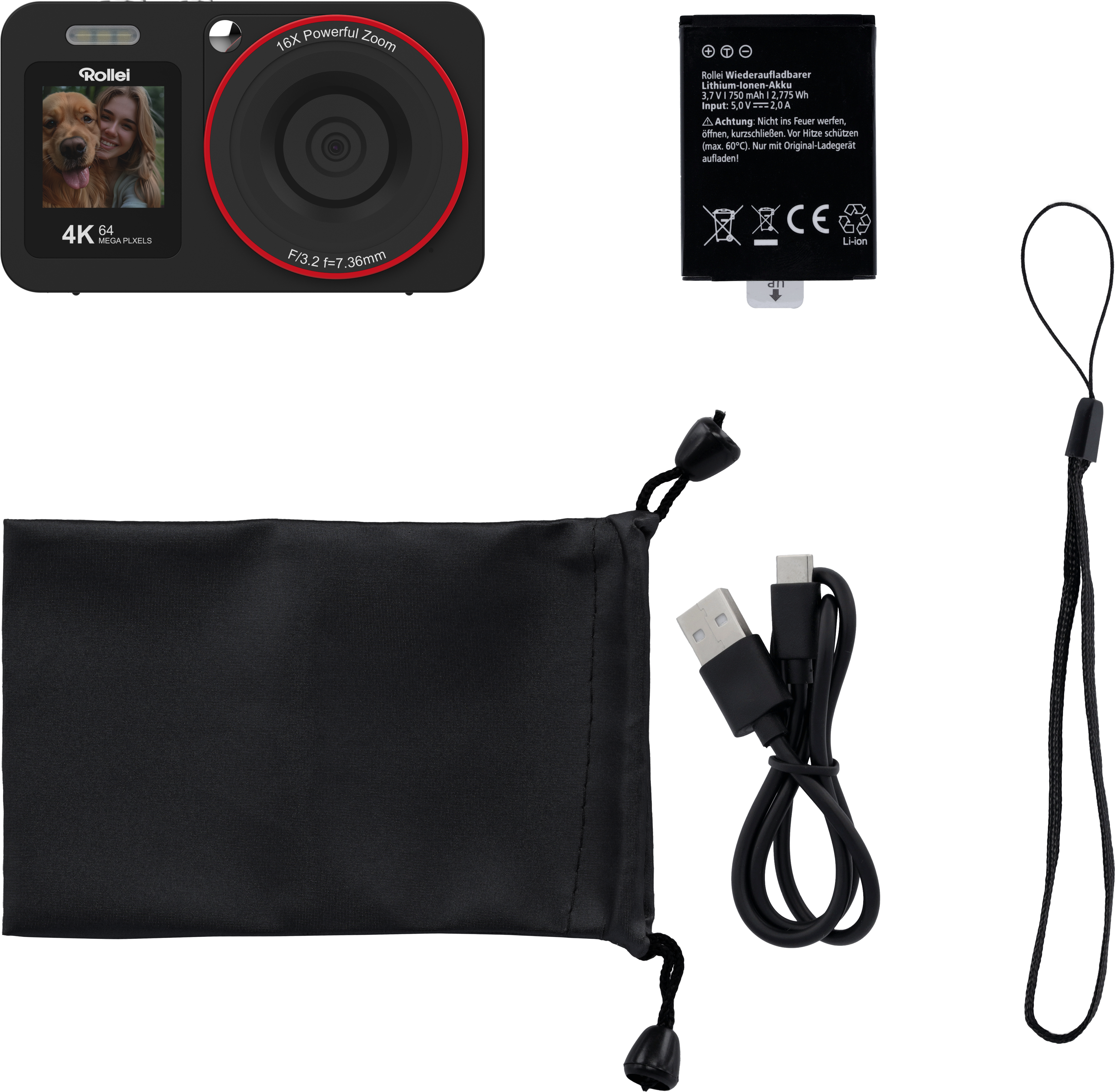 Kit caméra : appareil photo noir, batterie, chargeur, câble USB, sac de transport et dragonne.