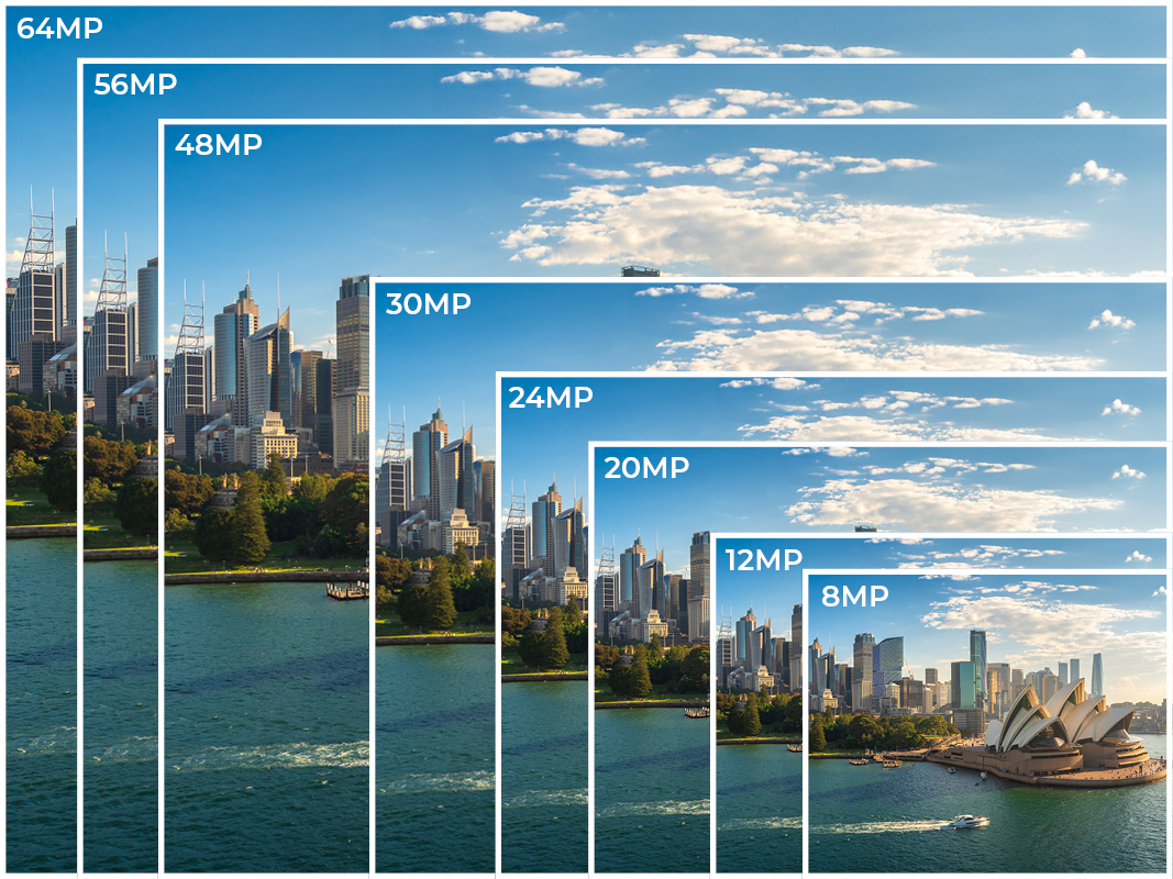 Photos d'un paysage urbain avec différentes résolutions MP, de 64MP à 8MP.
