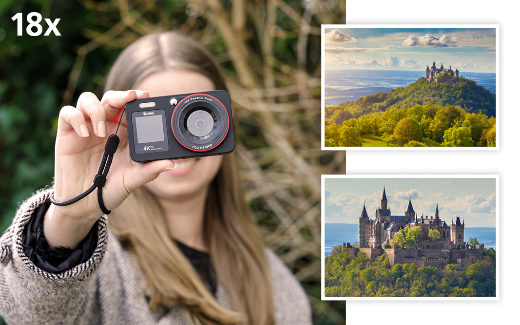 Personne tenant un appareil photo, montrant des photos zoomées d'un château.
