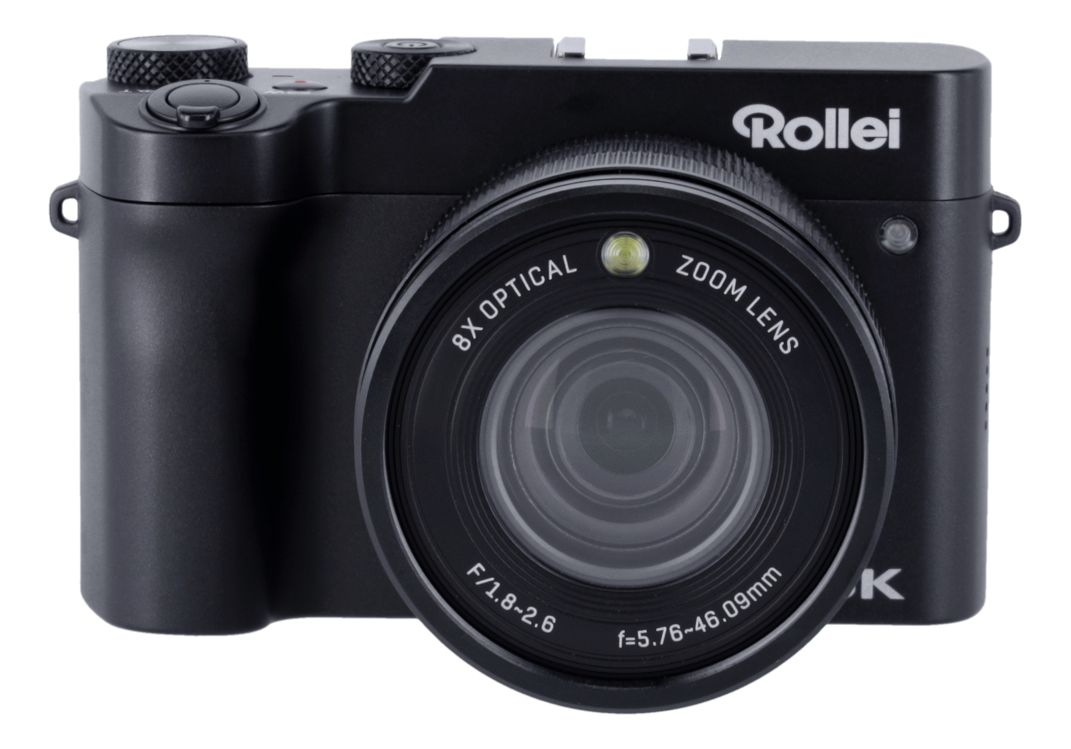 Schwarze Rollei Kamera, Vorderansicht. Linsendetails sichtbar. Schwarzer Hintergrund.