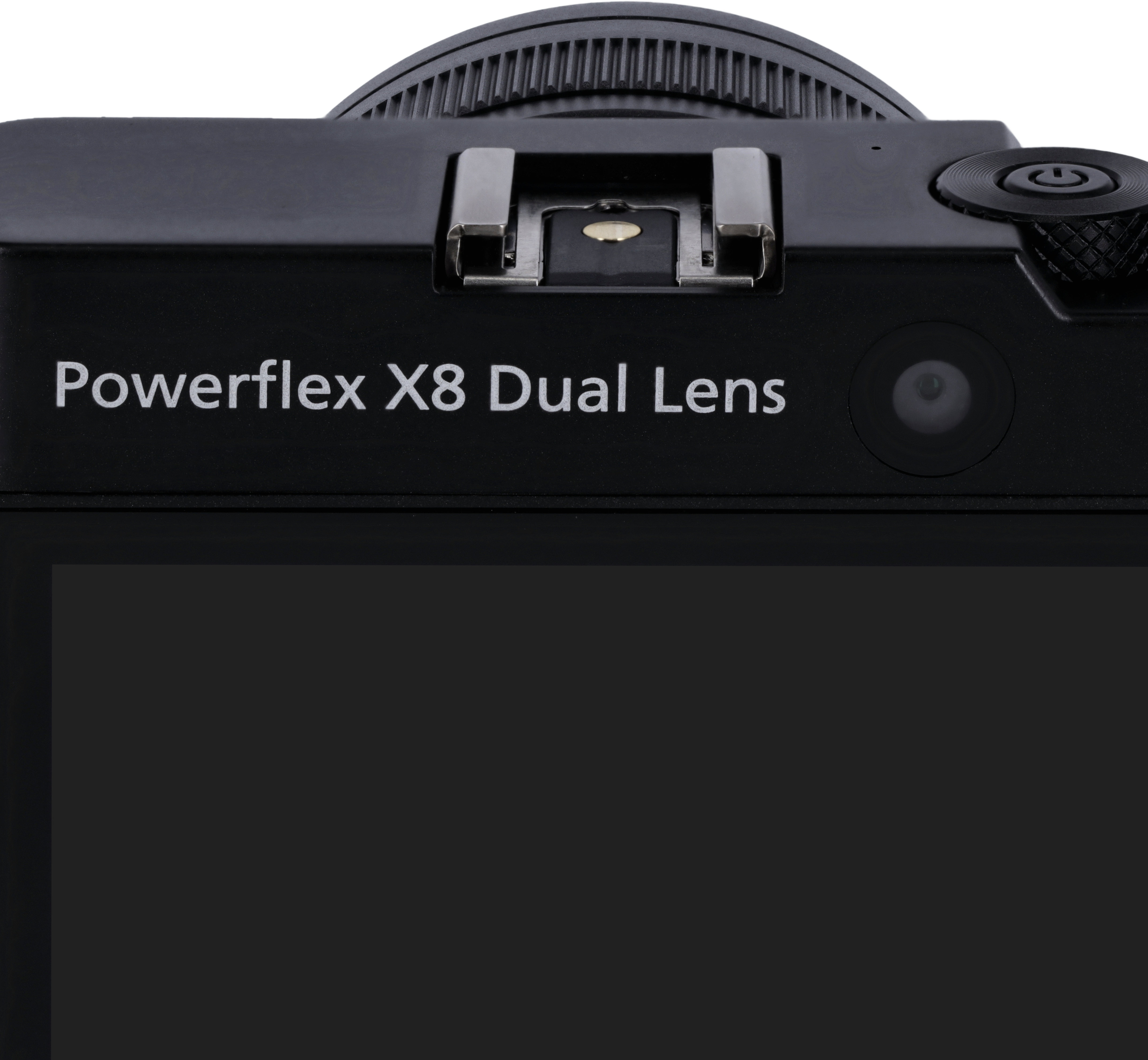 Nahaufnahme des schwarzen Kamerabildschirms. Text 'Powerflex X8 Dual Lens' oben.