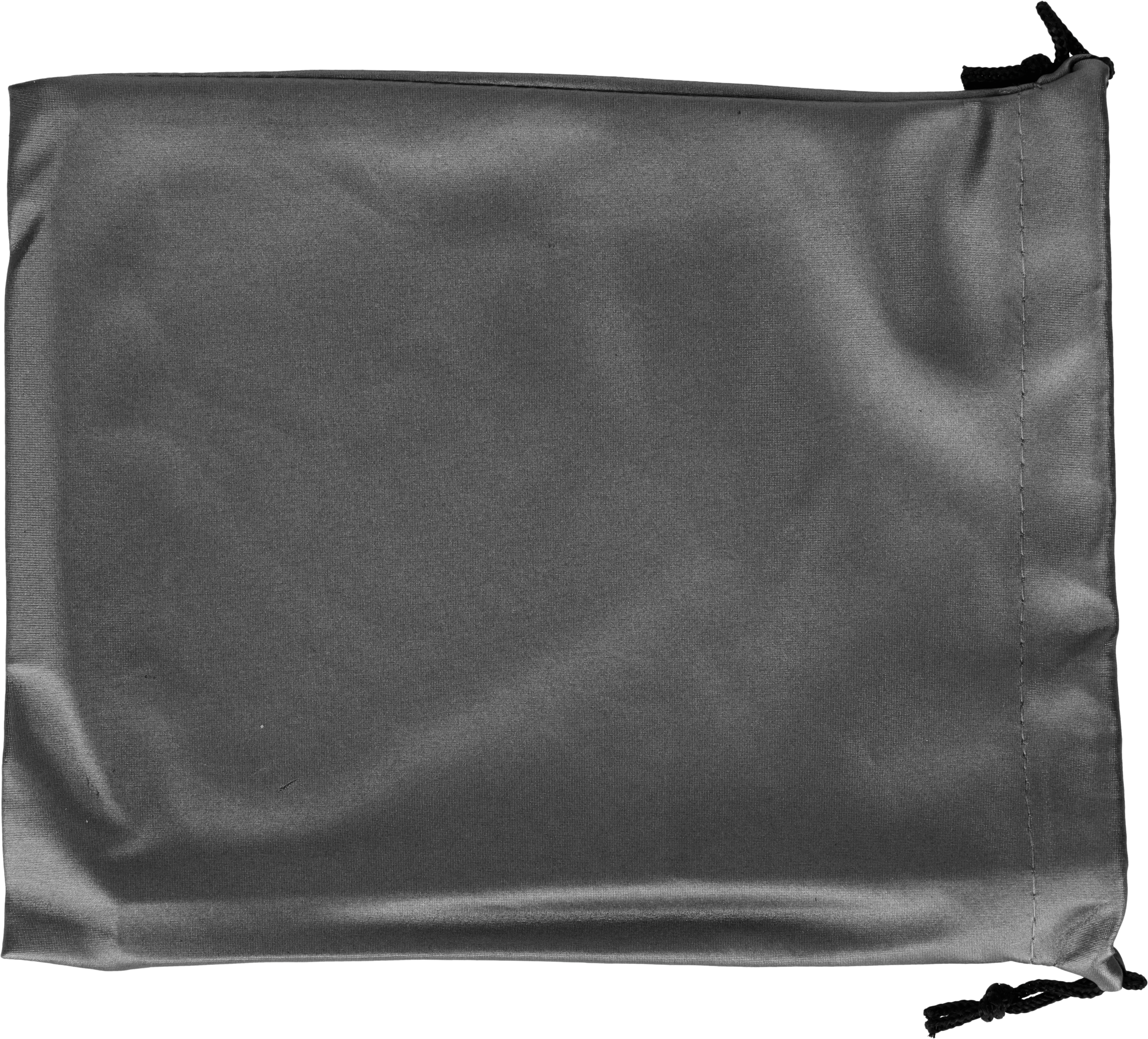 Eine graue Kameratasche, geschlossen, mit Kordelzug. Die Tasche ist rechteckig und schlicht.