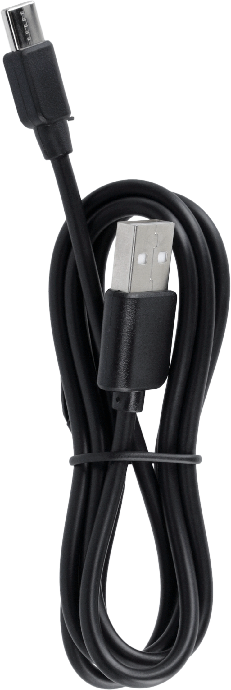 Schwarzes USB-Kabel mit USB- und USB-C-Anschluss. Das Kabel ist aufgerollt und gebunden.