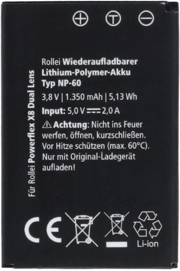 Schwarzer Akku mit deutschem Text. Mit Rollei und Powerflex X8 Dual Lens Logos.