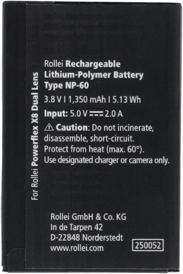 Schwarzer Akku mit englischem Text. Mit Rollei und Powerflex X8 Dual Lens Logos.