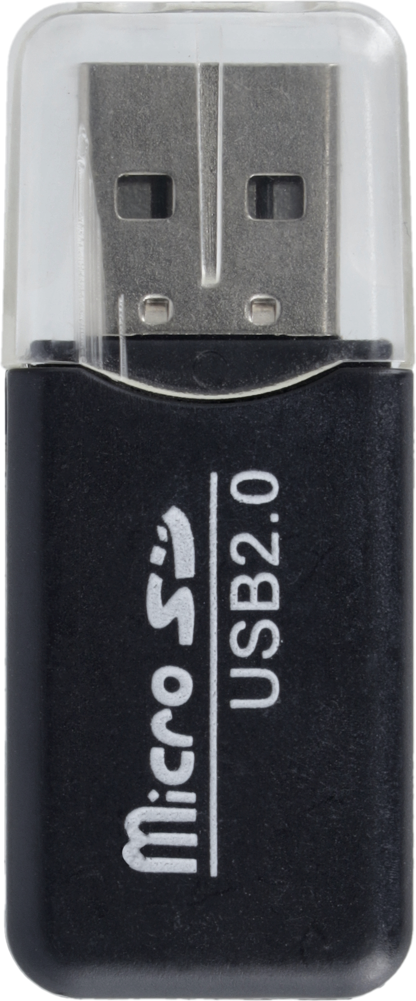 Schwarzer USB-Micro-SD-Kartenleser mit transparentem Deckel. USB 2.0-Etikett sichtbar.