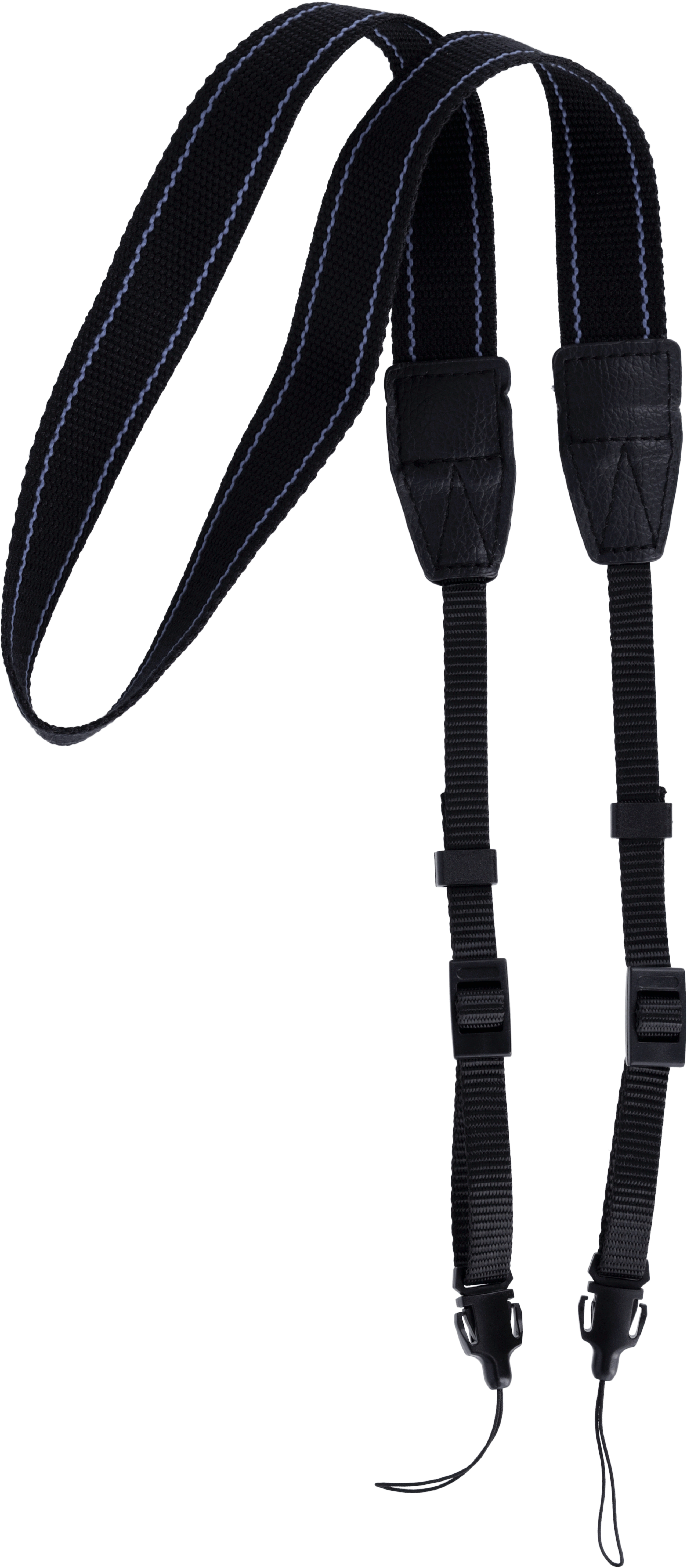 Schwarzer Kameragurt mit gewebtem Muster und Lederdetails.