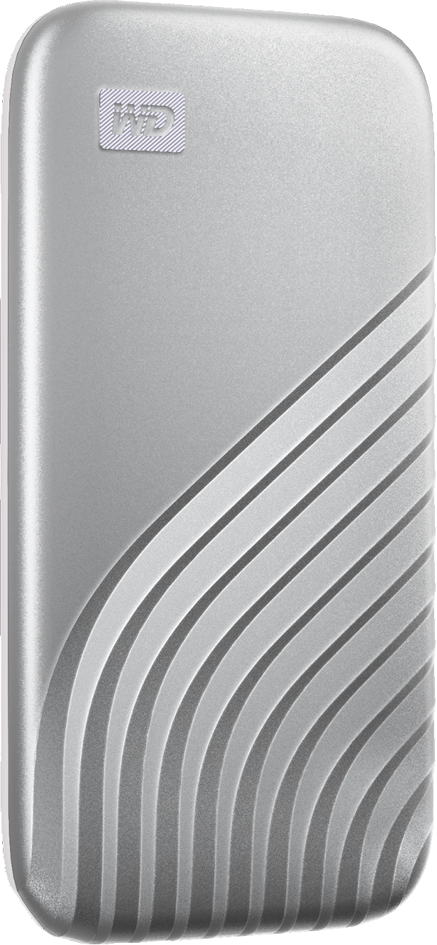 Disco rigido esterno argentato con linee curve. Logo WD in alto a sinistra. Sfondo nero.