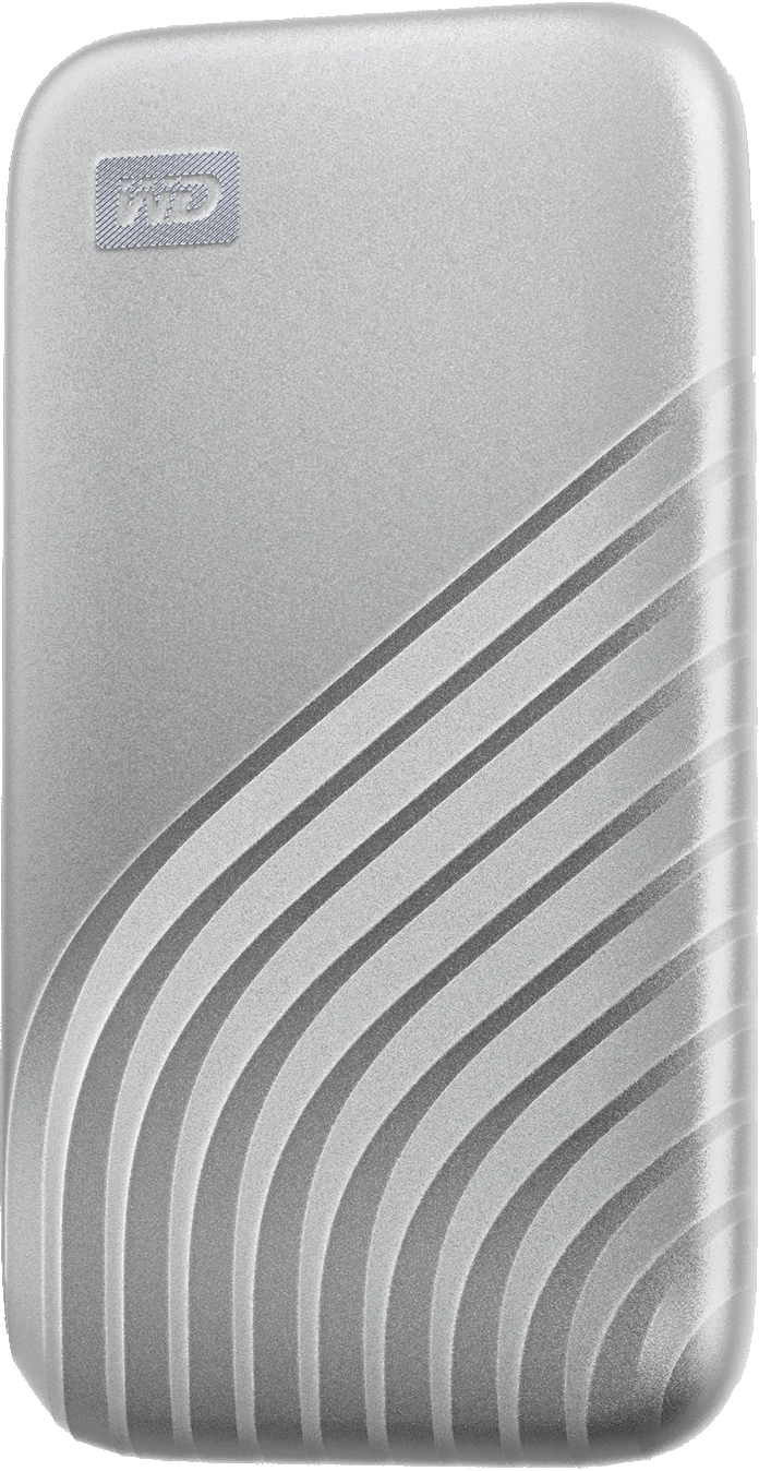 Disco rigido esterno argentato con design a linee curve. Logo WD in alto a sinistra.