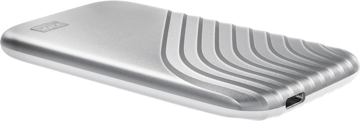 Disco rigido esterno argentato con linee curve. Logo WD in alto. Porta USB visibile.