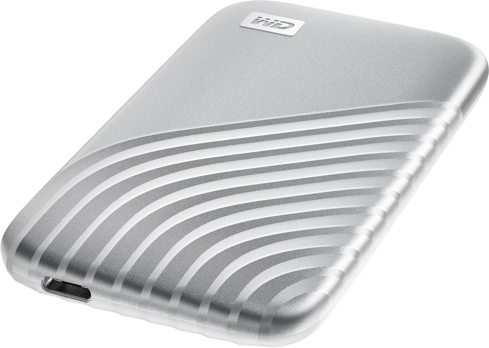 Disco rigido esterno argentato, design a linee curve, logo WD in alto a sinistra. Porta USB visibile.