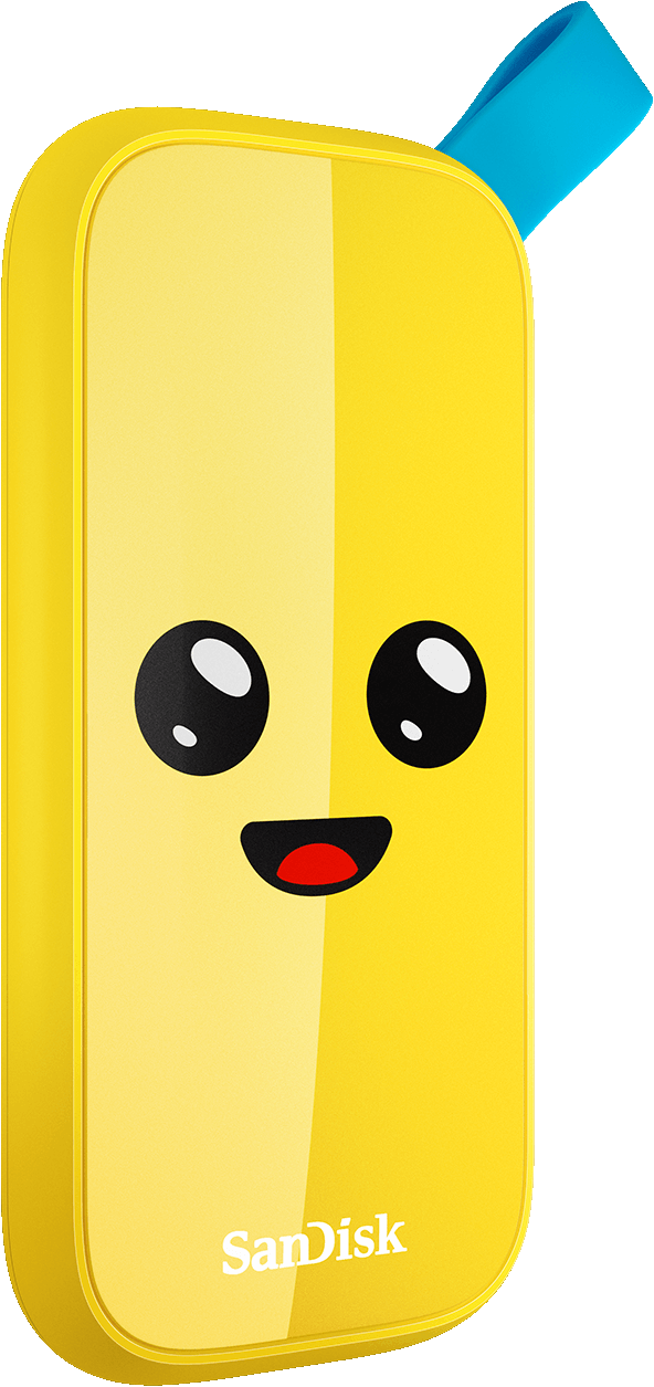 Chiavetta USB gialla con volto cartoon, cinturino blu.