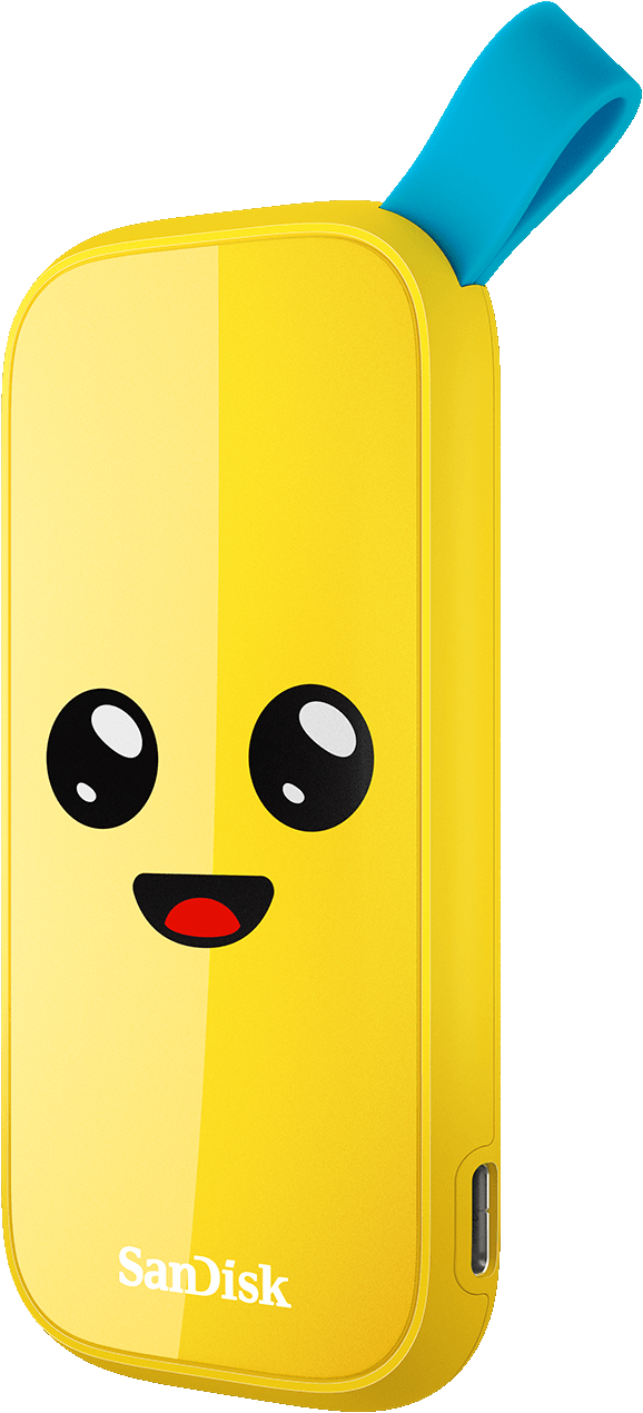 Unità USB gialla e sorridente con cinturino blu. L'unità ha una faccia da cartone animato.
