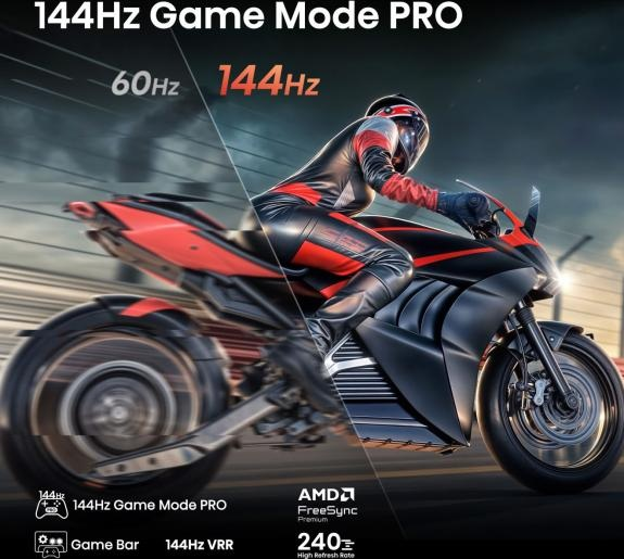 Osoba na motocyklu z grafiką 144Hz Game Mode Pro.