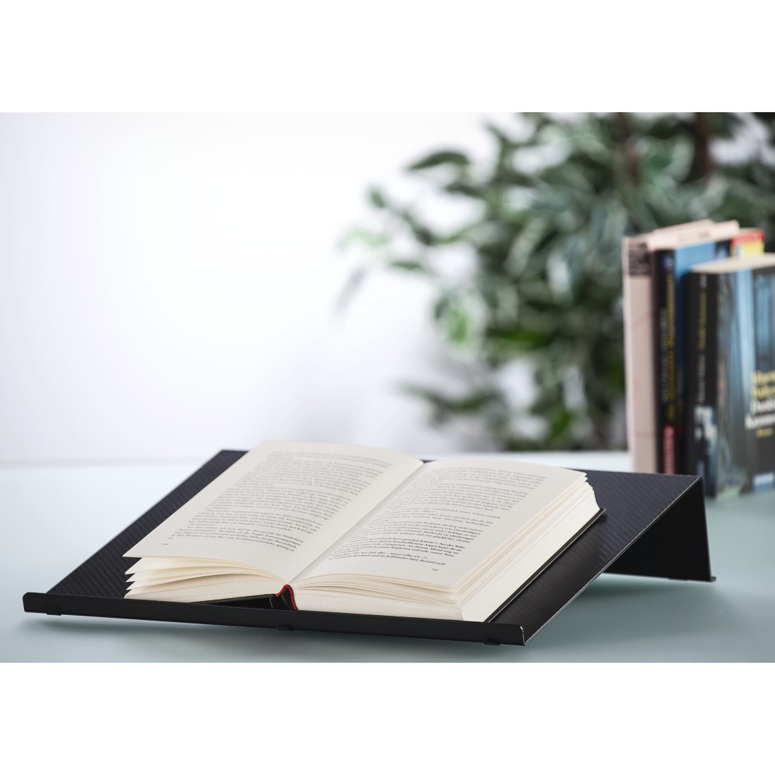 Offenes Buch auf einem schwarzen, abgewinkelten Ständer. Das Buch liegt auf einem Tisch mit Pflanzen im Hintergrund.