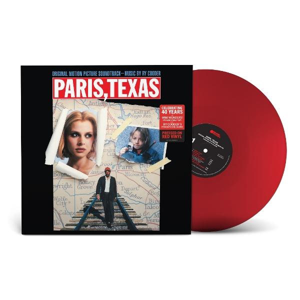 Albumcover von Paris, Texas, rotes Vinyl sichtbar. Enthält Filmstills und Kartenelemente.