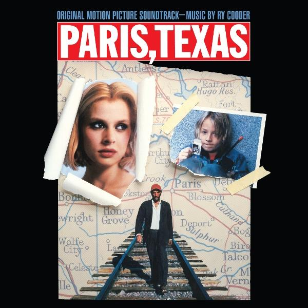 Paris, Texas Albumcover mit Bildern einer Frau, eines Jungen und eines Mannes auf Bahngleisen.