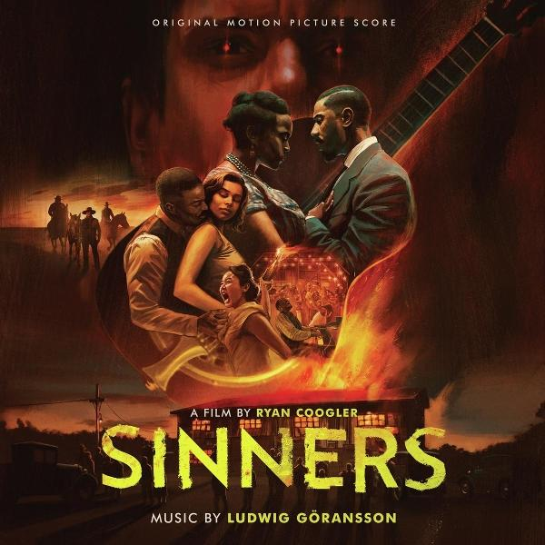 Poster des Films 'Sinners'. Zeigt Figuren vor einem feurigen Hintergrund, mit dem Filmtitel unten.