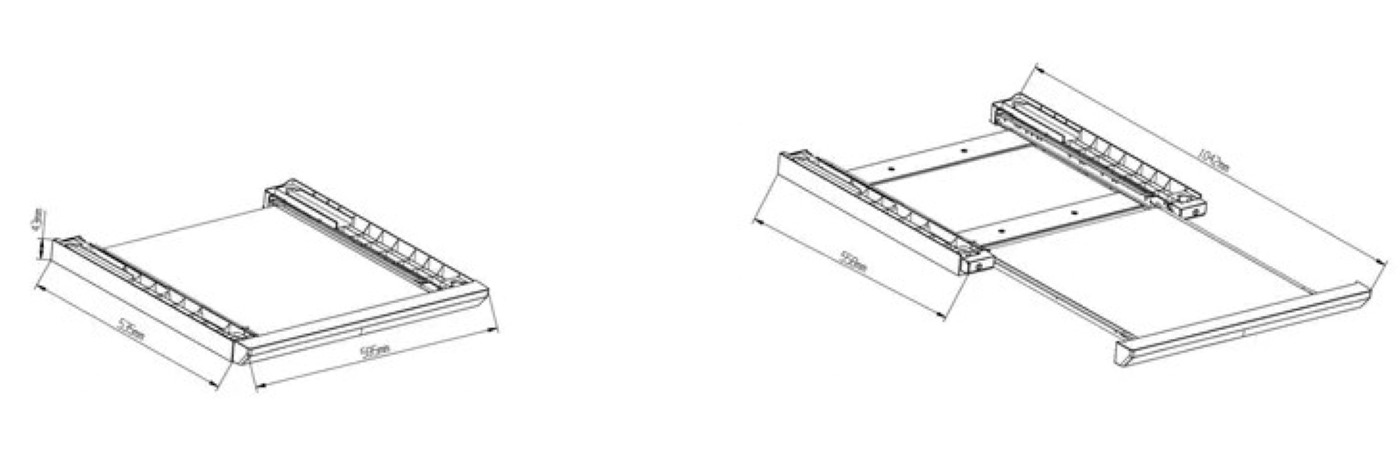 Dwa diagramy przedstawiające wymiary otwartej i zamkniętej szuflady.