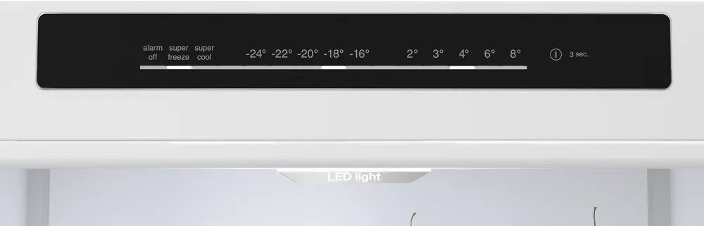 Panel sterowania lodówki. Zawiera ustawienia temperatury, alarm, super zamrażanie, super chłodzenie i światło LED.