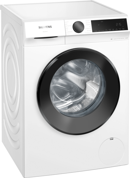 Beyaz Siemens çamaşır makinesi. Siyah bir kapısı ve üstte bir kontrol paneli var.