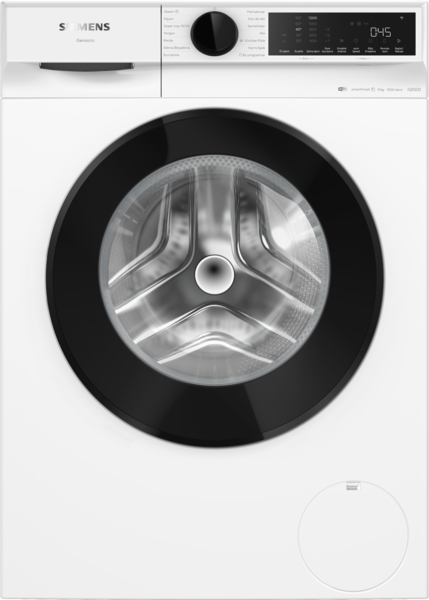 Siyah kapılı beyaz bir çamaşır makinesi. Siemens logosu üstte.