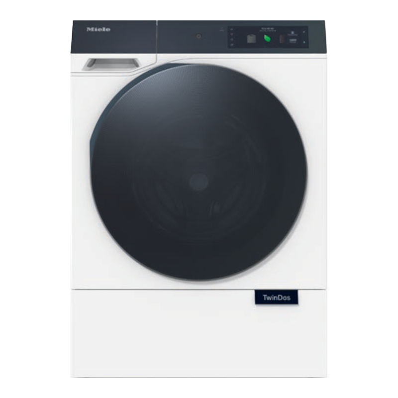 Vorderansicht eines weißen Miele Trockners. Display und TwinDos-Etikett sind sichtbar.