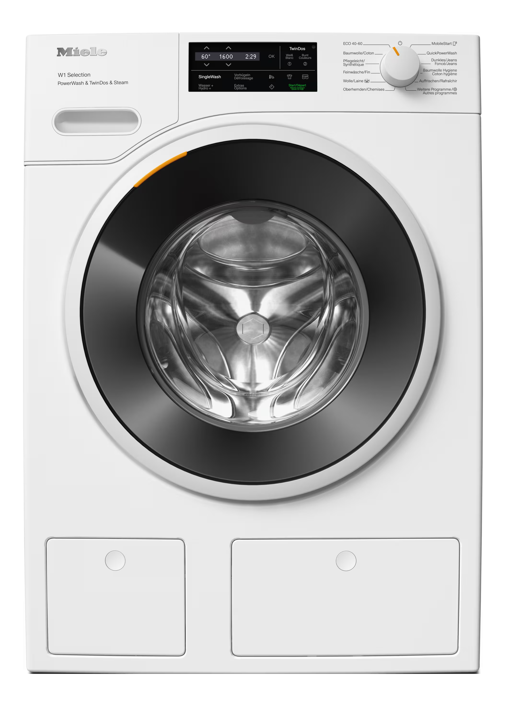 Un lave-linge Miele blanc. Il a une porte noire et deux tiroirs à lessive.