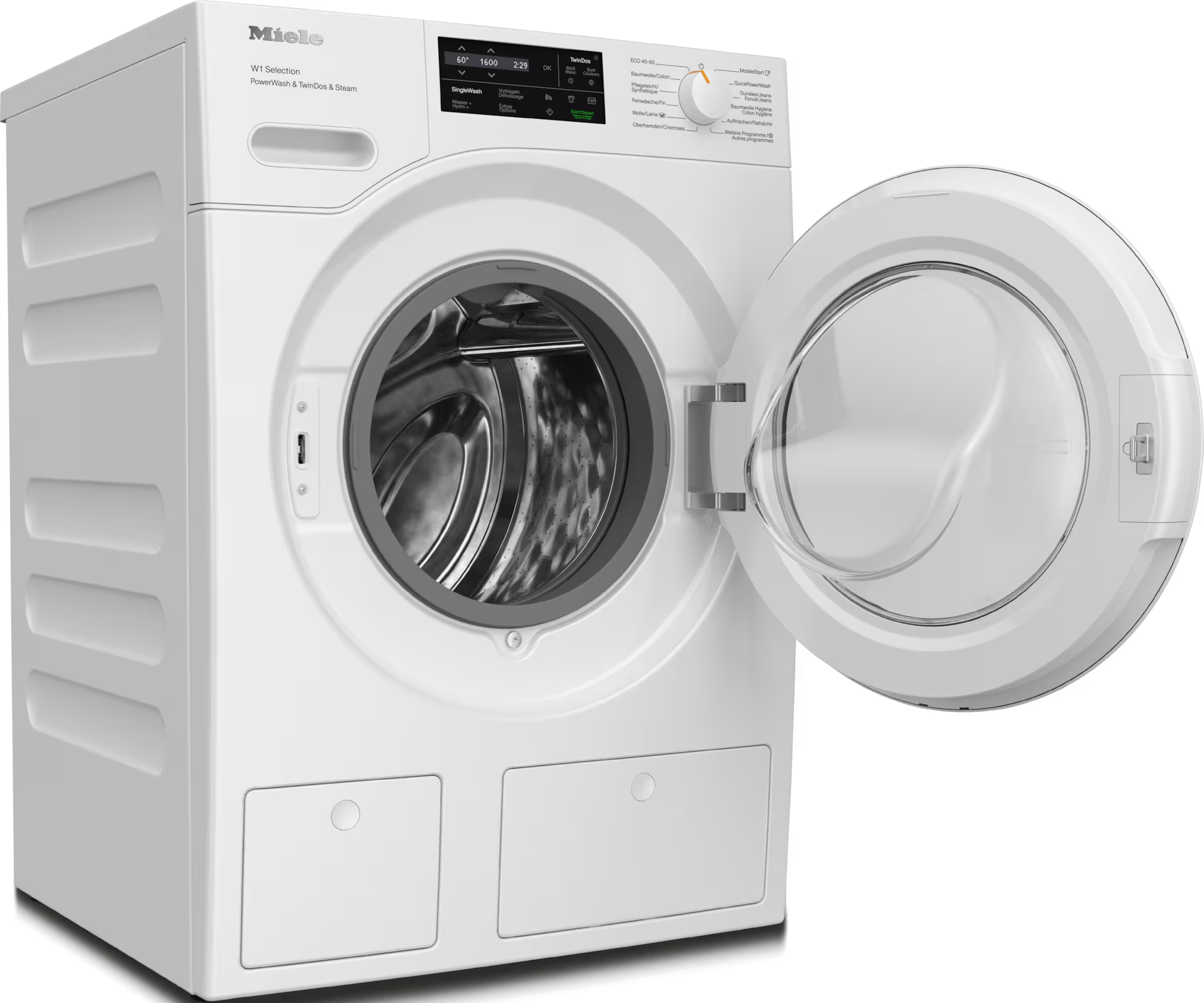 Lave-linge Miele blanc avec la porte ouverte. Le tambour intérieur est visible.