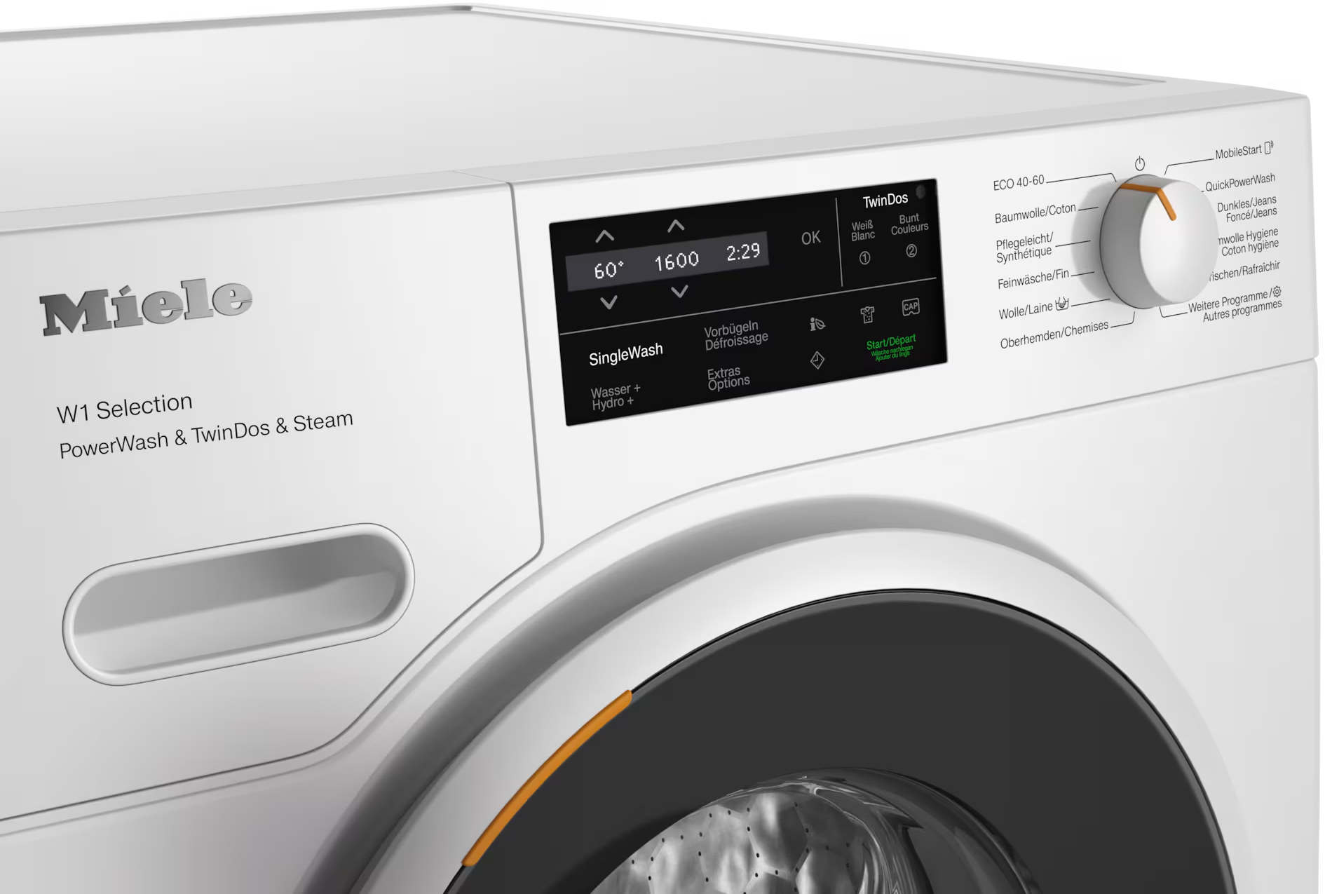 Gros plan sur le panneau de commande d'un lave-linge Miele, montrant les réglages et les options.