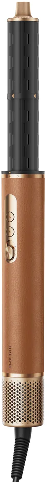 Asciugacapelli con manico marrone effetto pelle, dettagli dorati e accessorio per lo styling.
