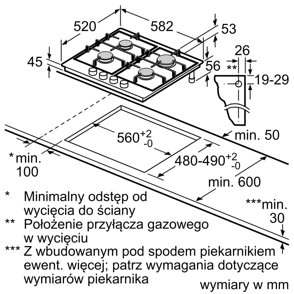 Rysunek techniczny kuchenki gazowej z wymiarami w mm. Pokazuje widok z góry i z boku.