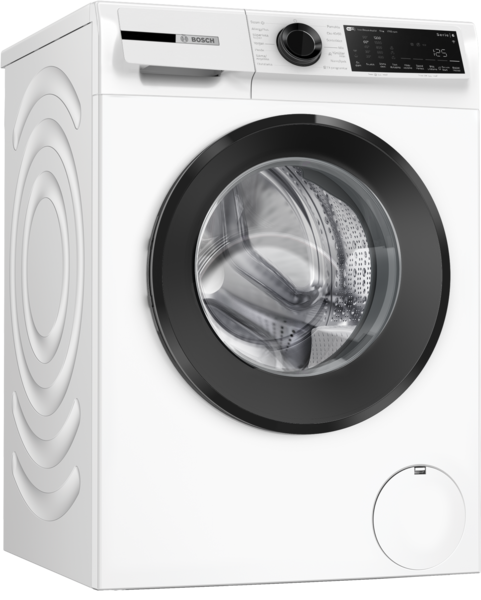 Beyaz bir Bosch çamaşır makinesi. Siyah bir kapısı ve kontrol paneli var.