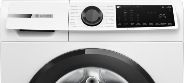 Beyaz bir Bosch çamaşır makinesinin kontrol panelinin yakın çekimi, ayarları ve seçenekleri gösteriyor.