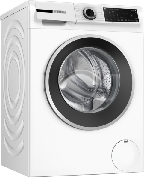 Beyaz bir Bosch çamaşır makinesi. Siyah bir kapısı ve kontrol paneli var.