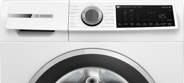 Beyaz bir Bosch çamaşır makinesinin kontrol panelinin yakın çekimi, ayarları ve seçenekleri gösteriyor.