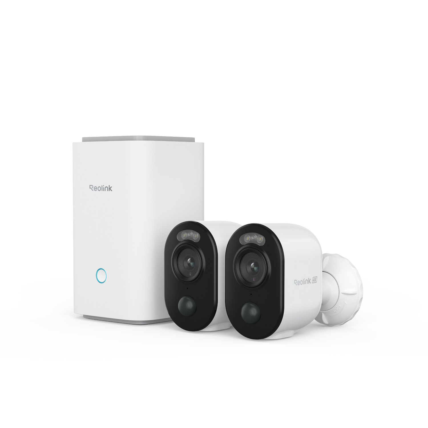 A security system with a base station and two cameras.