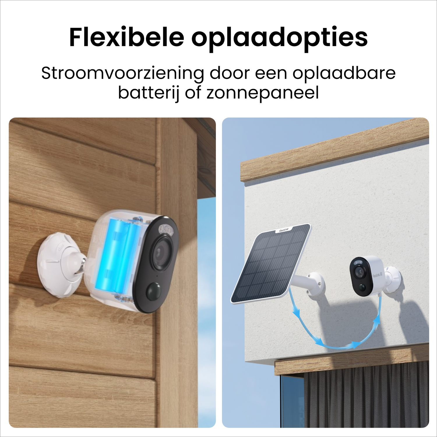 Security cameras with battery and solar panel options, mounted on wood and a white wall.