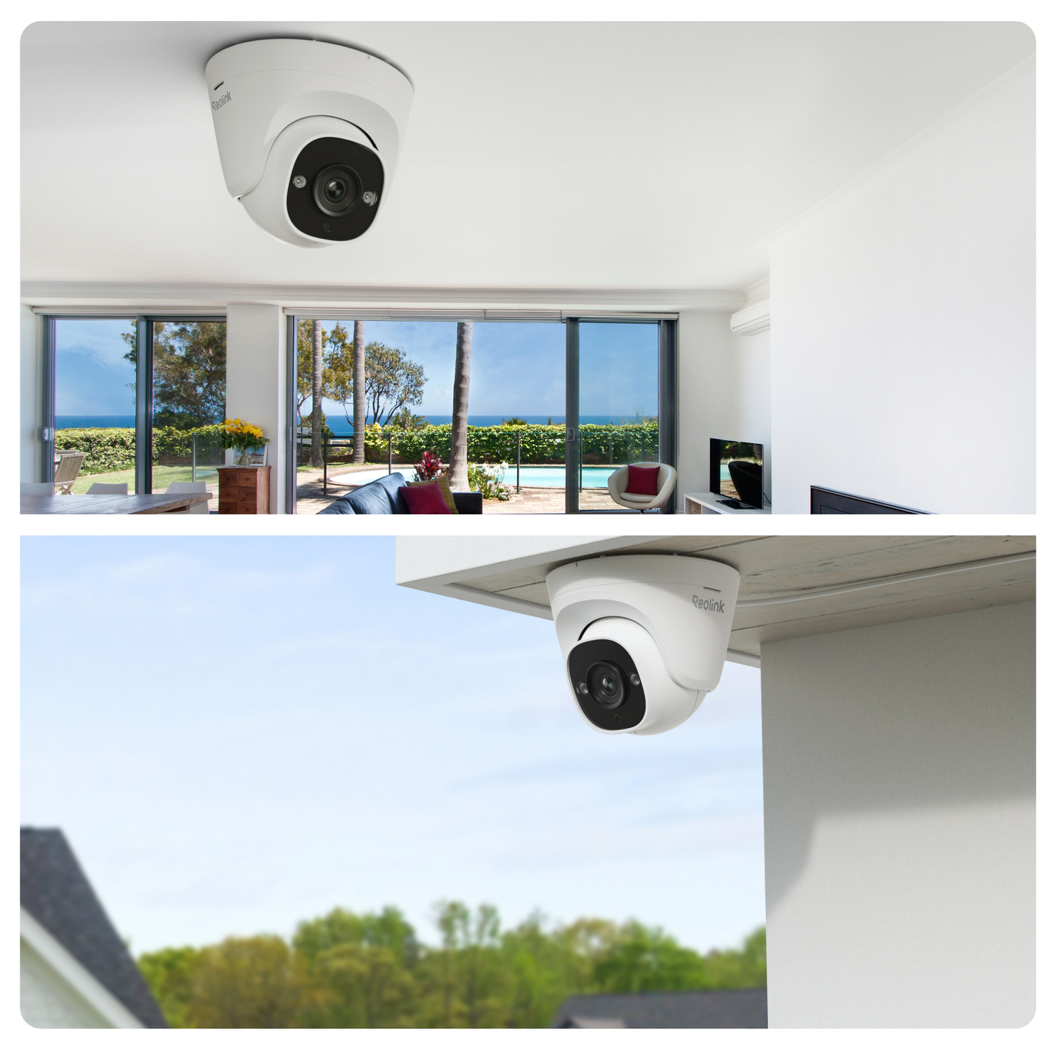 Security camera installed inside a room and outside a building with a view.