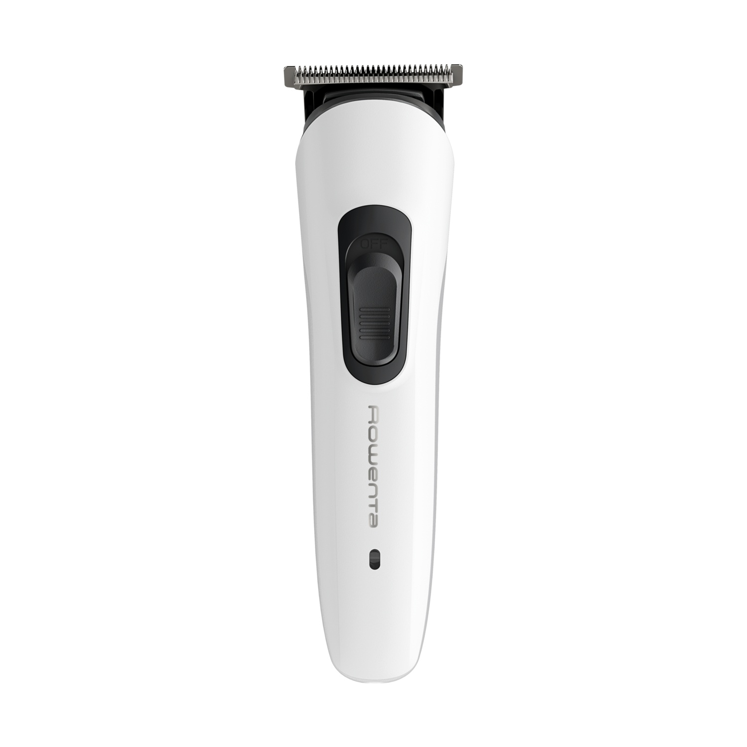 Rifinitore per capelli elettrico bianco e grigio, marca Rowenta, interruttore di alimentazione.