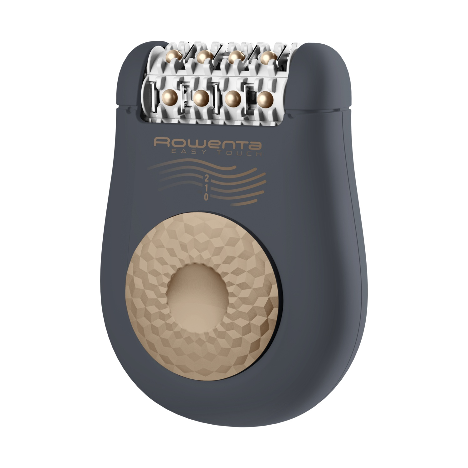 Epilatore grigio con dettagli dorati, marca Rowenta, primo piano della testina.