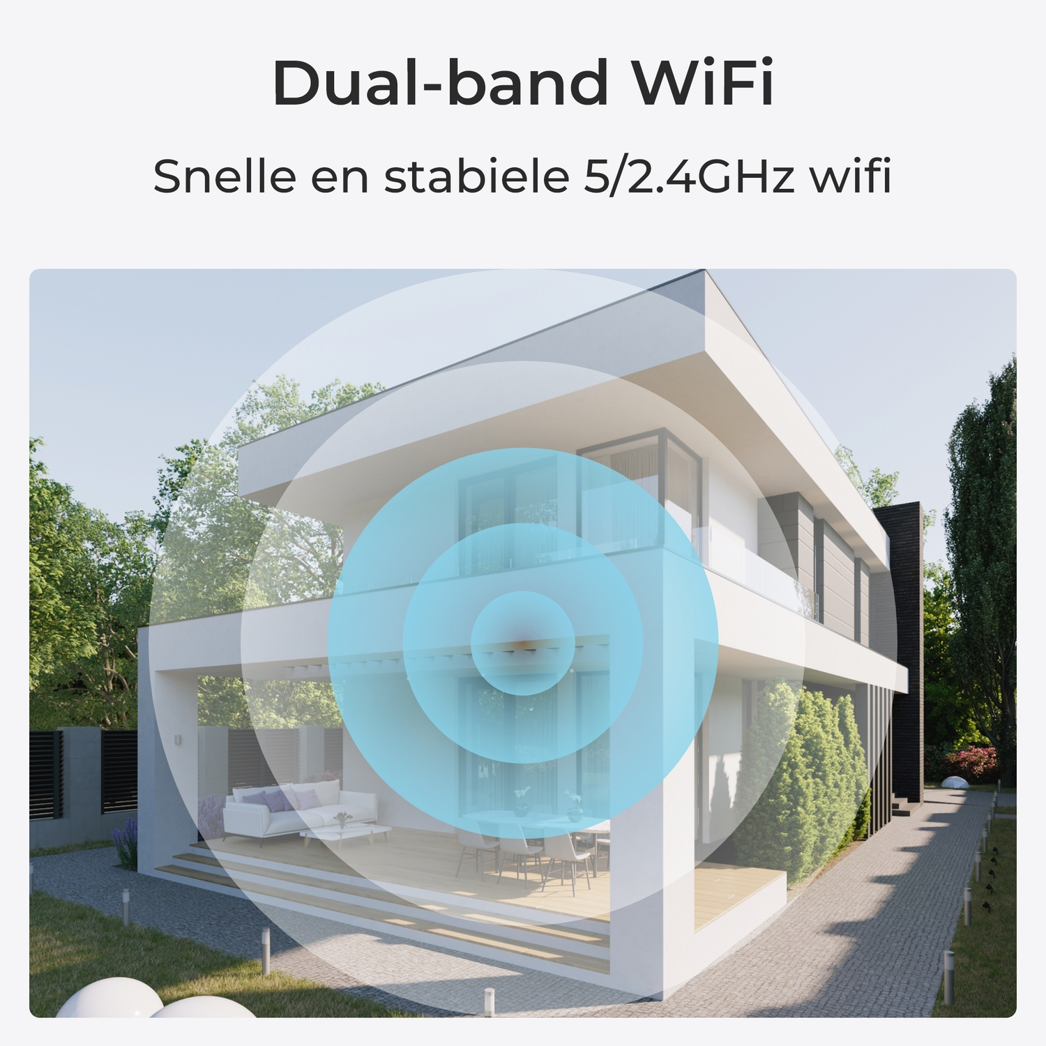 Modern house with a blue wifi signal overlay. Trees and a white couch are visible.