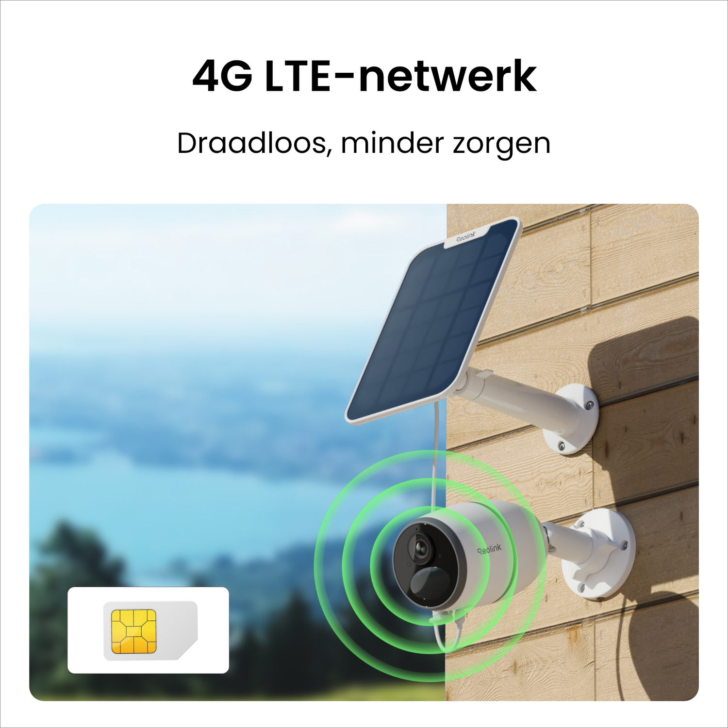 Security camera with a solar panel. Shows a SIM card and a wireless signal around the camera.