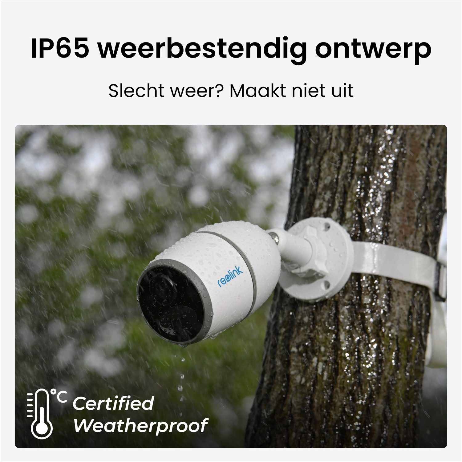 A white security camera mounted on a tree, with water droplets and a weather symbol.