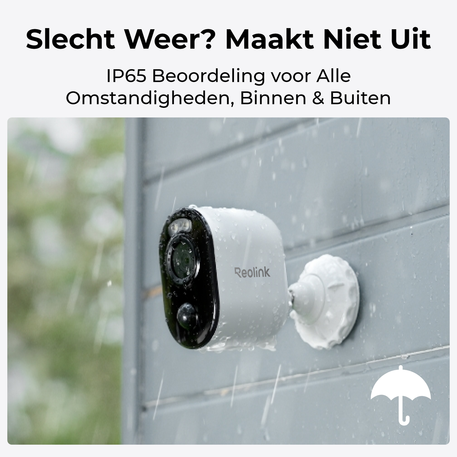 A security camera mounted on a wall, with water droplets, and a weather symbol. It is raining.