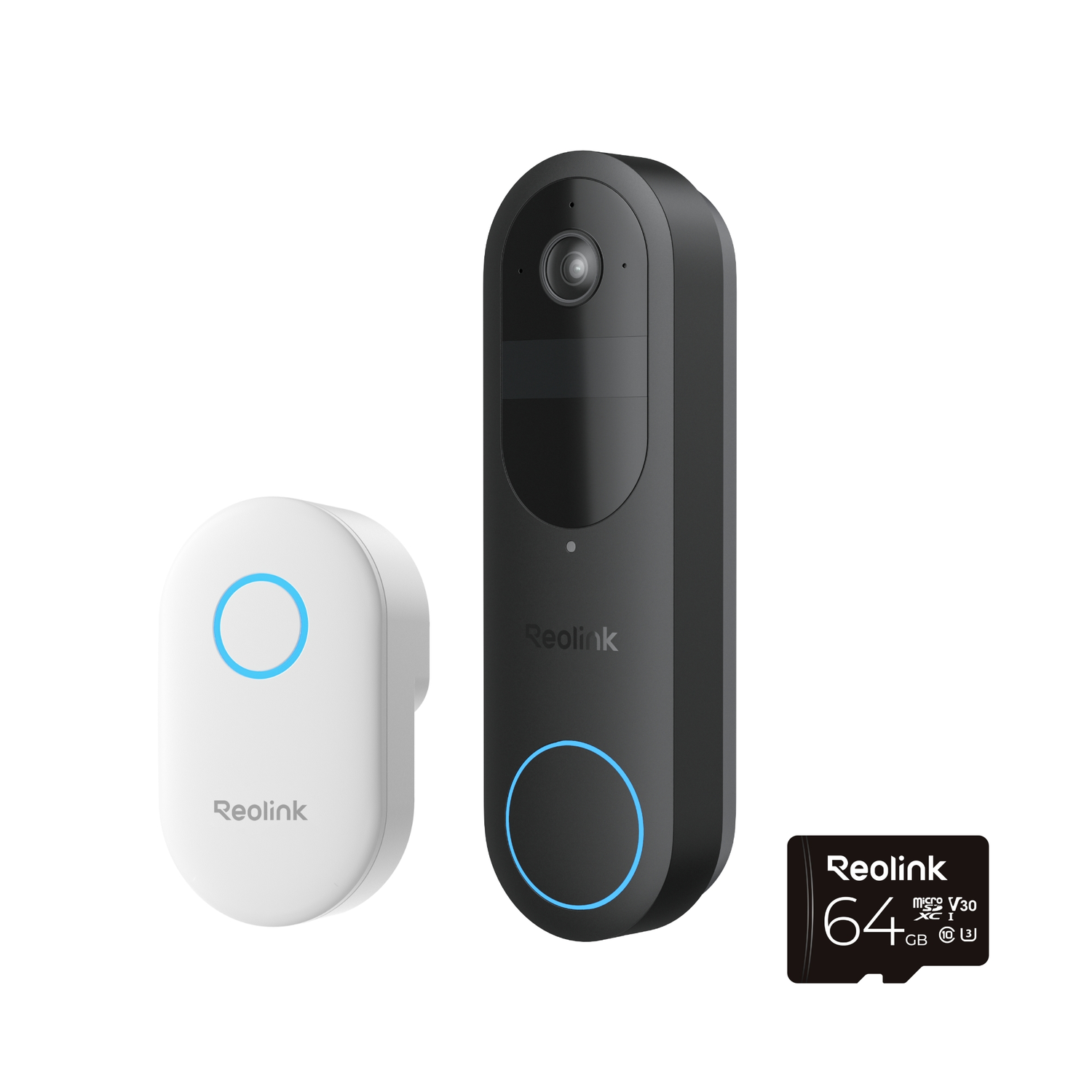 Two Reolink doorbells, one white, one black, and a SD card. Both have a button and the Reolink logo.