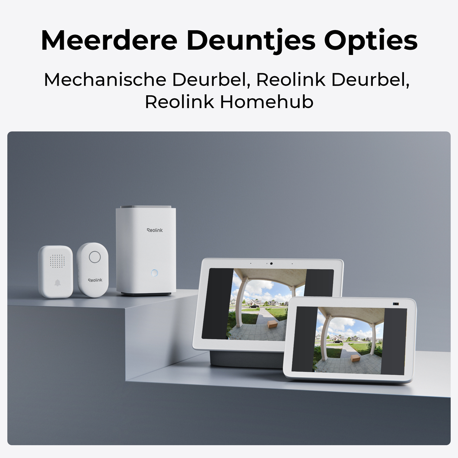 White Reolink devices: two doorbell buttons, a hub, and two screens showing a front yard.