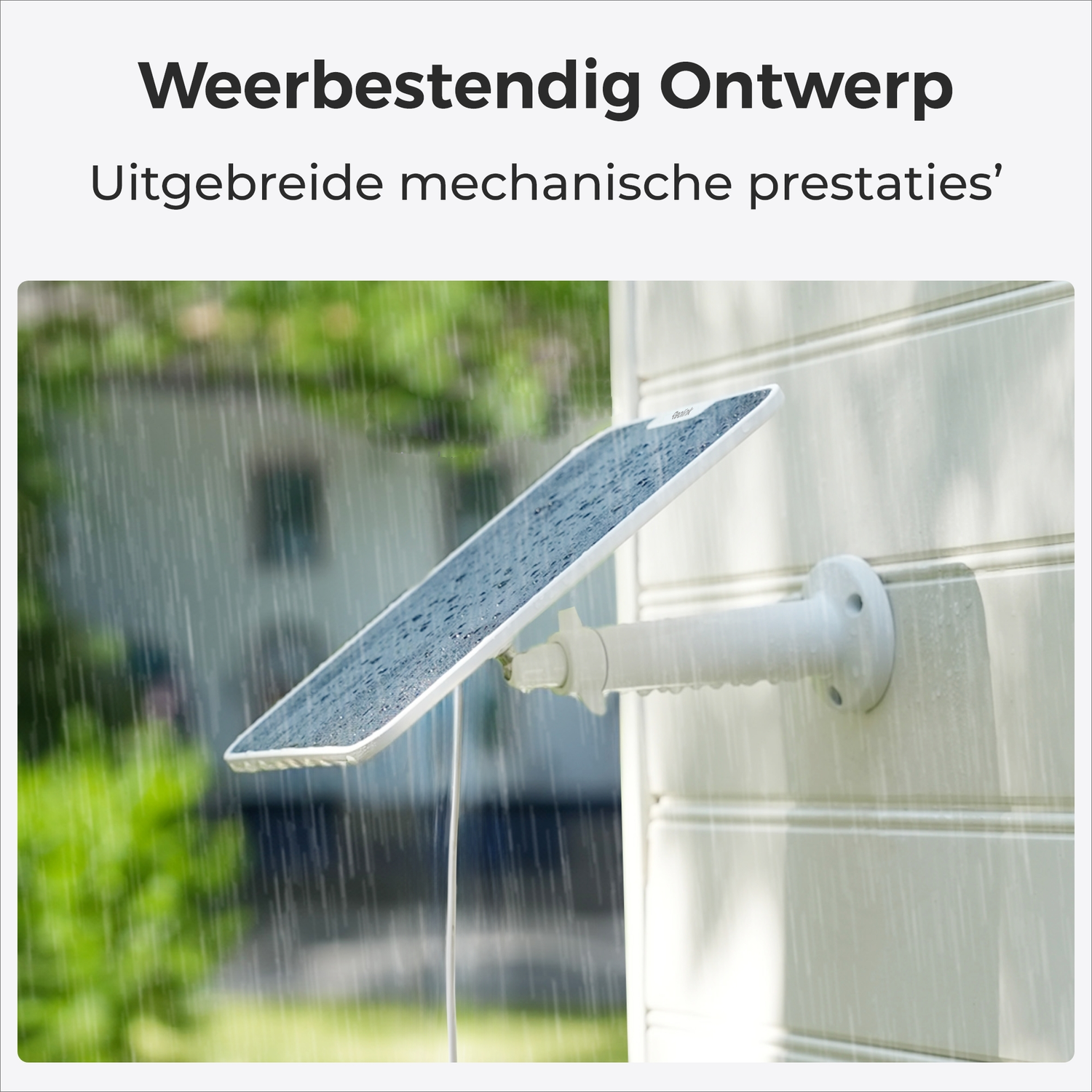 Solar panel in the rain. White arm. Text: 'Weatherproof Design' and 'Extended mechanical performance'.