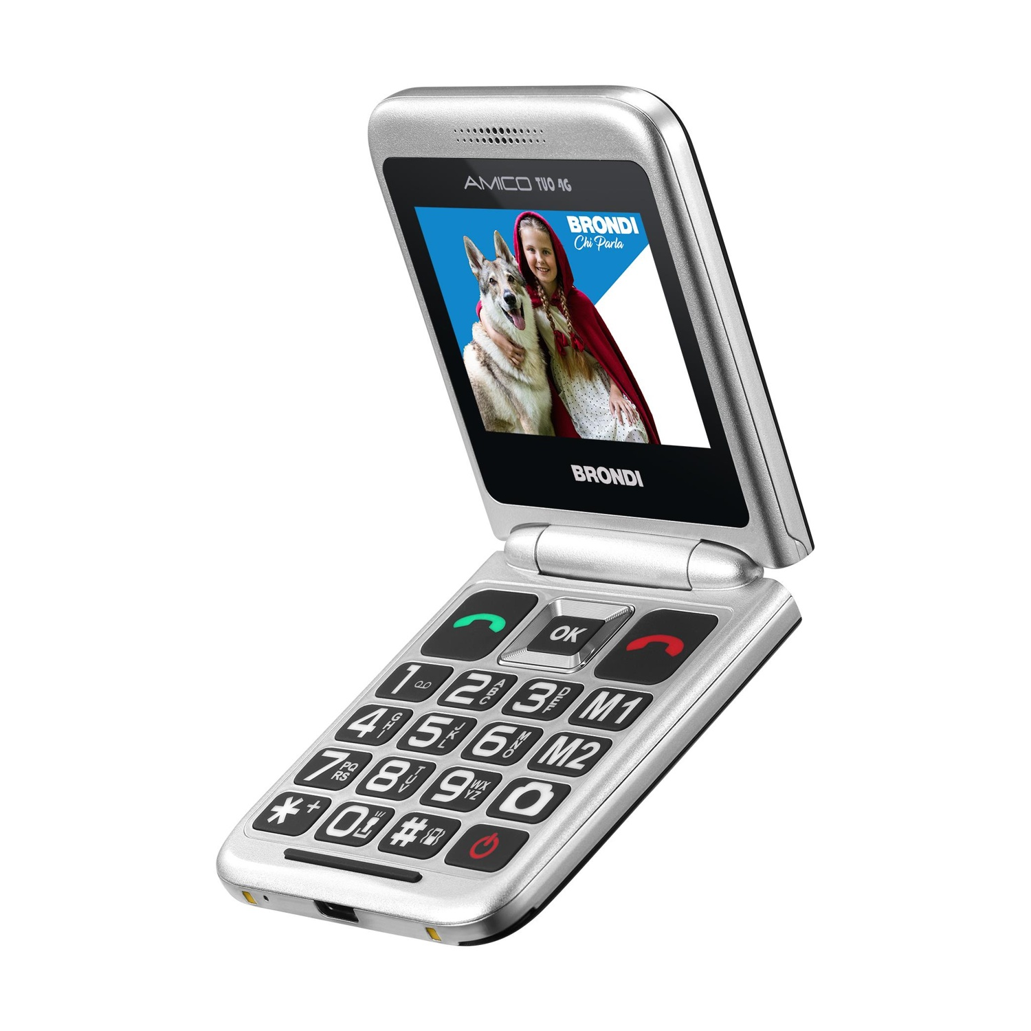Telefono a conchiglia argentato con pulsanti grandi e schermo che mostra una ragazza con un cane. Testo: 'Brondi'.